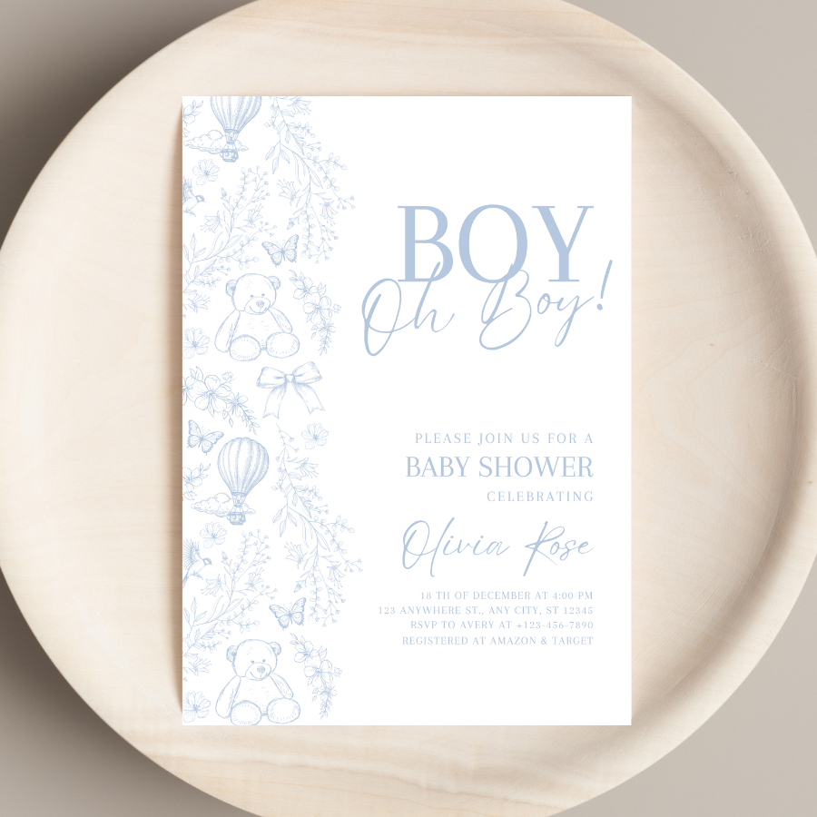 Toile de Jouy Baby Shower Invitation Dusty Blue Teddy Bear Theme