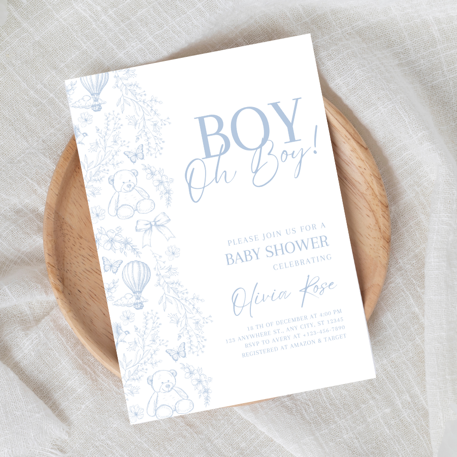 Toile de Jouy Baby Shower Invitation Dusty Blue Teddy Bear Theme