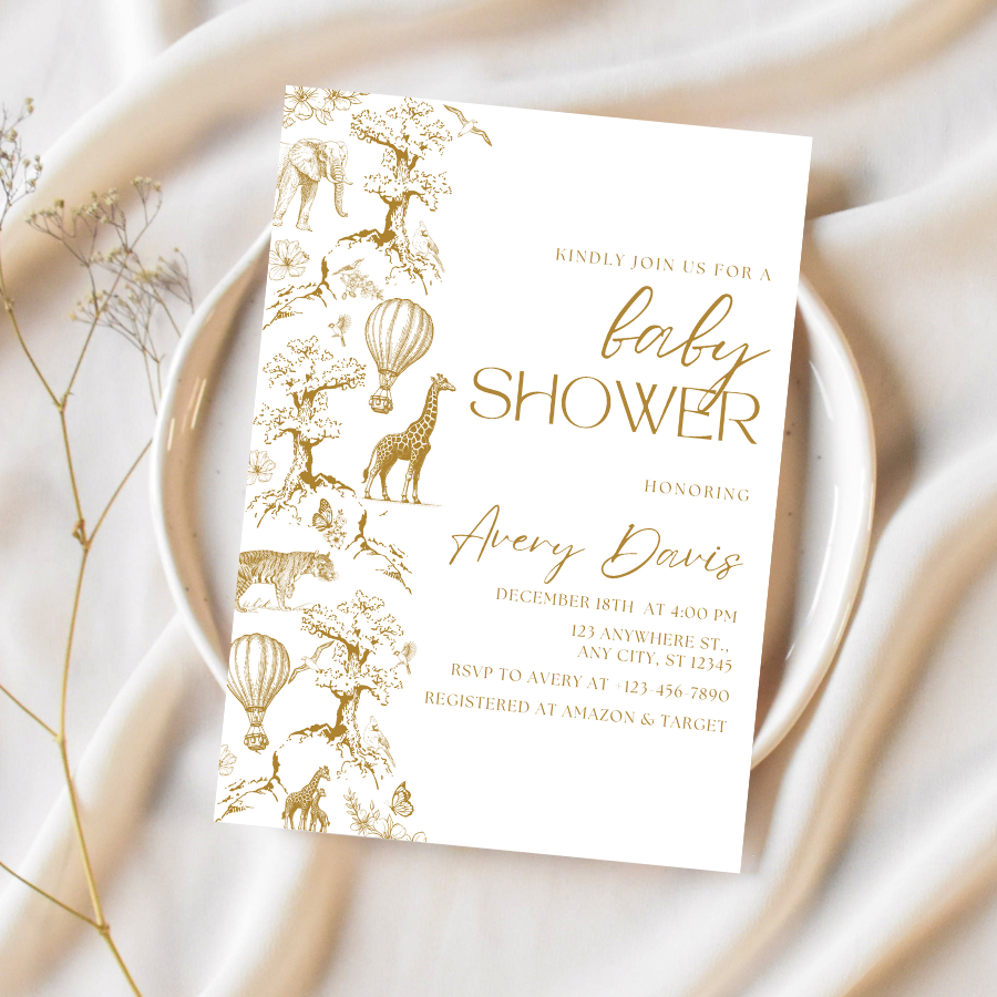 Toile de Jouy Baby Shower Invitation Gold Safari Theme