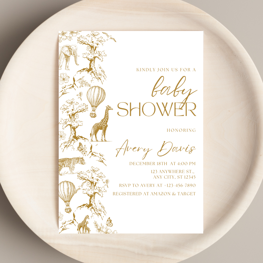 Toile de Jouy Baby Shower Invitation Gold Safari Theme