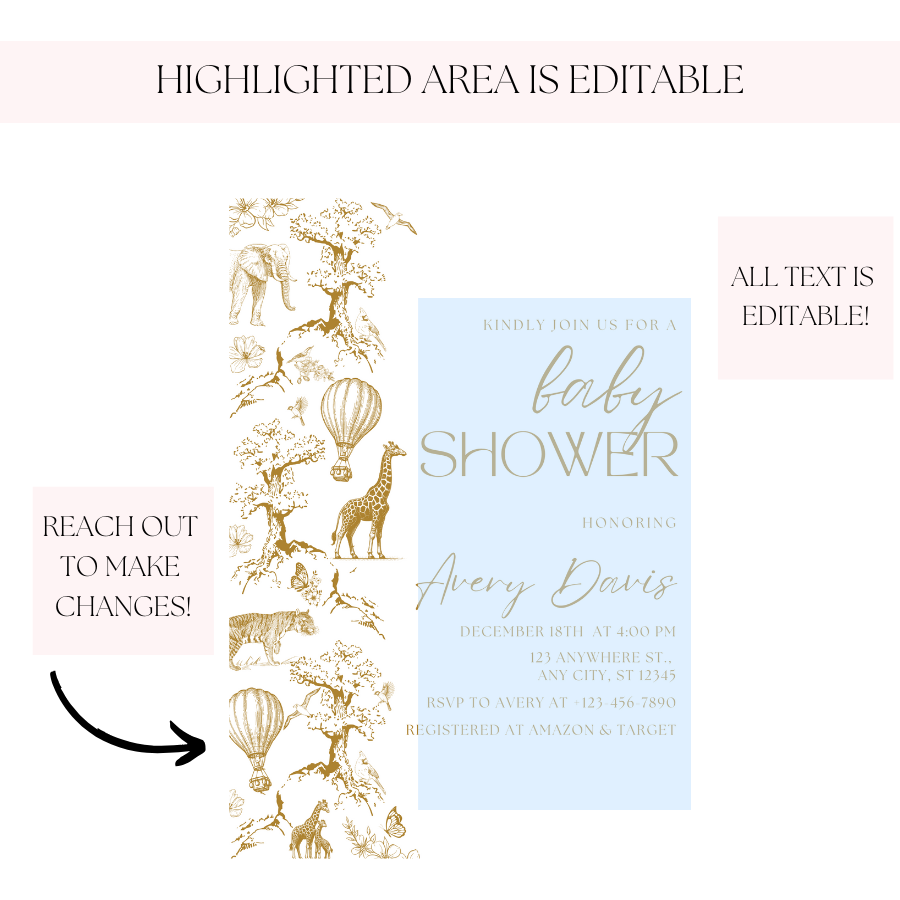 Toile de Jouy Baby Shower Invitation Gold Safari Theme