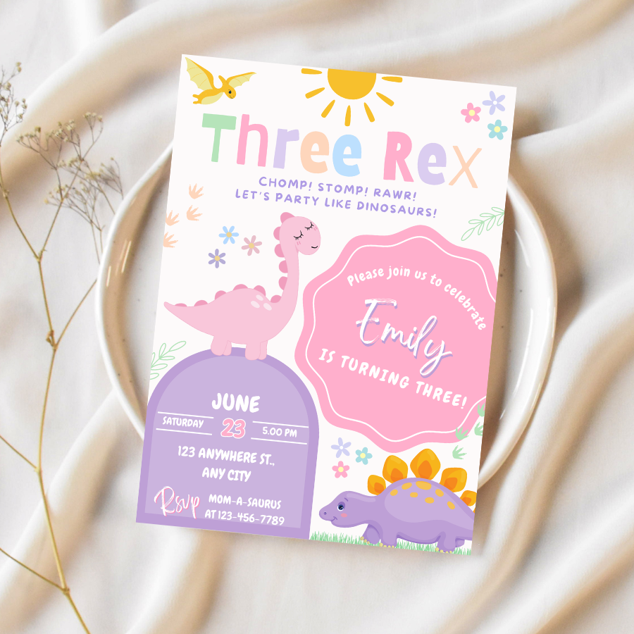 Dinosaur Three Rex Birthday Invitation