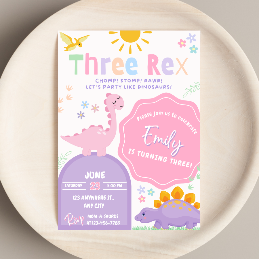 Dinosaur Three Rex Birthday Invitation