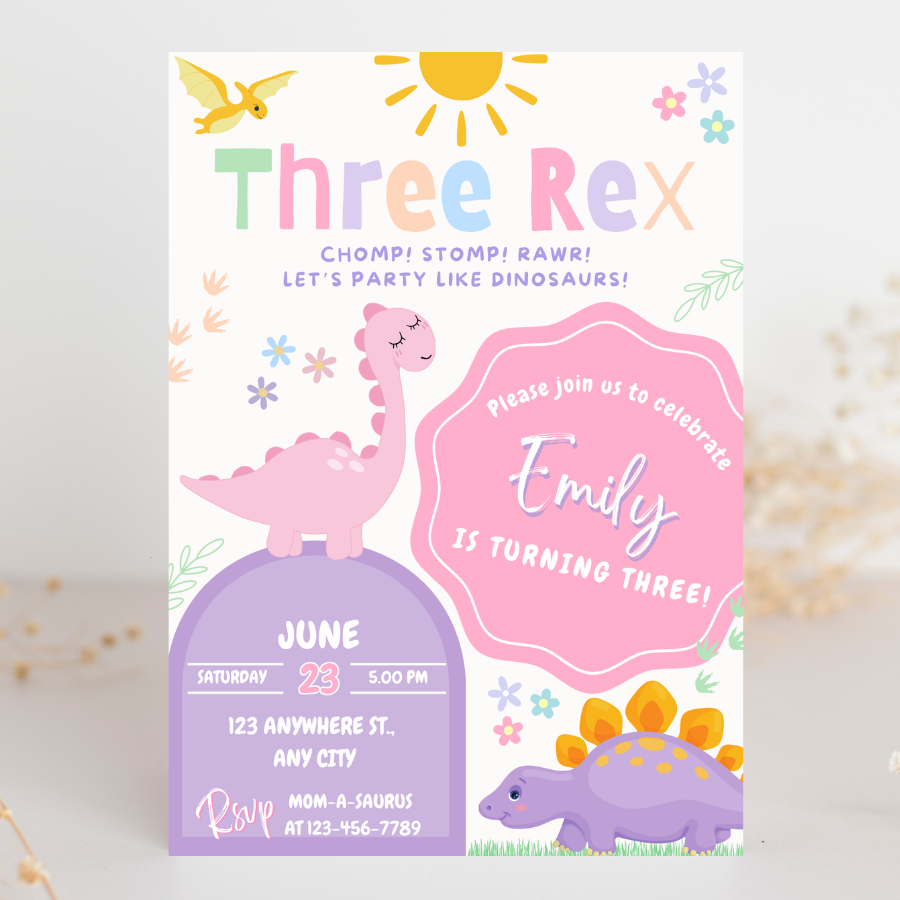Dinosaur Three Rex Birthday Invitation