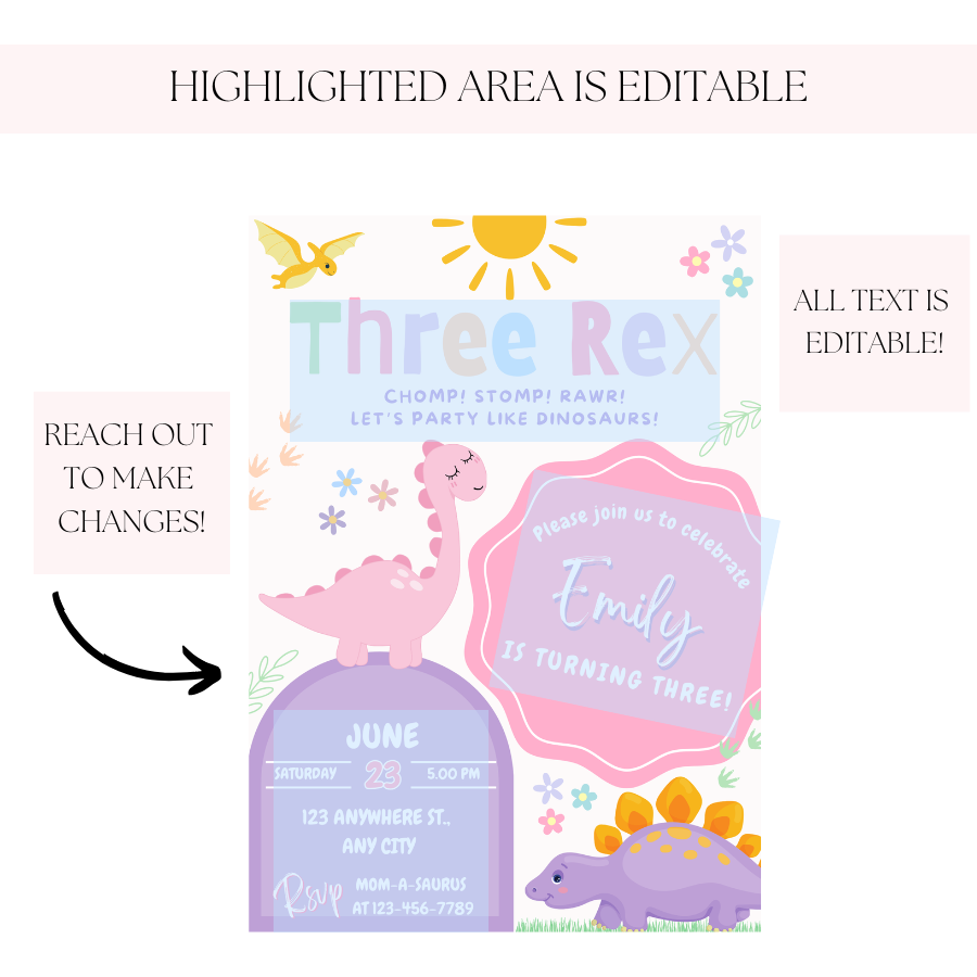 Dinosaur Three Rex Birthday Invitation