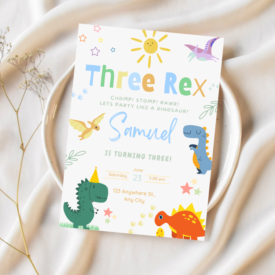 Boy Dinosaur Three Rex Birthday Invitation