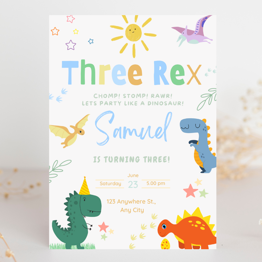 Boy Dinosaur Three Rex Birthday Invitation
