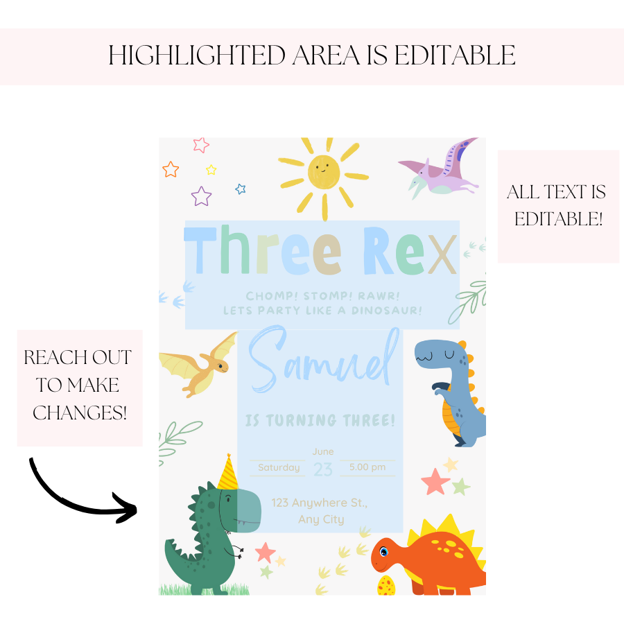 Boy Dinosaur Three Rex Birthday Invitation