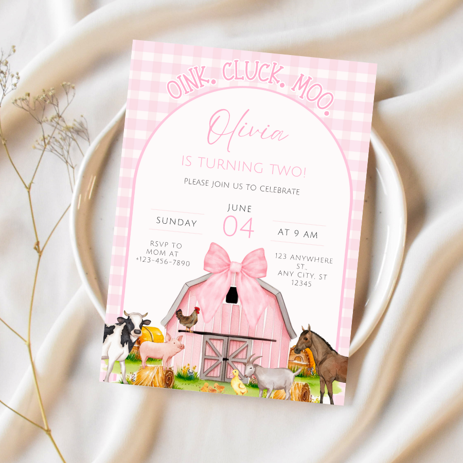 Pink Girl Farm Birthday Invitation