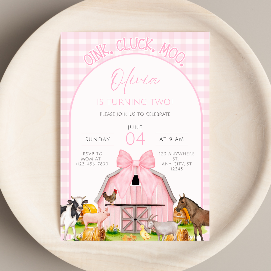Pink Girl Farm Birthday Invitation