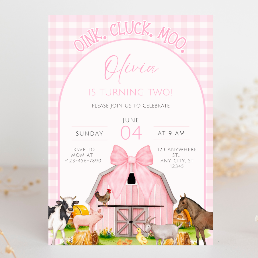 Pink Girl Farm Birthday Invitation