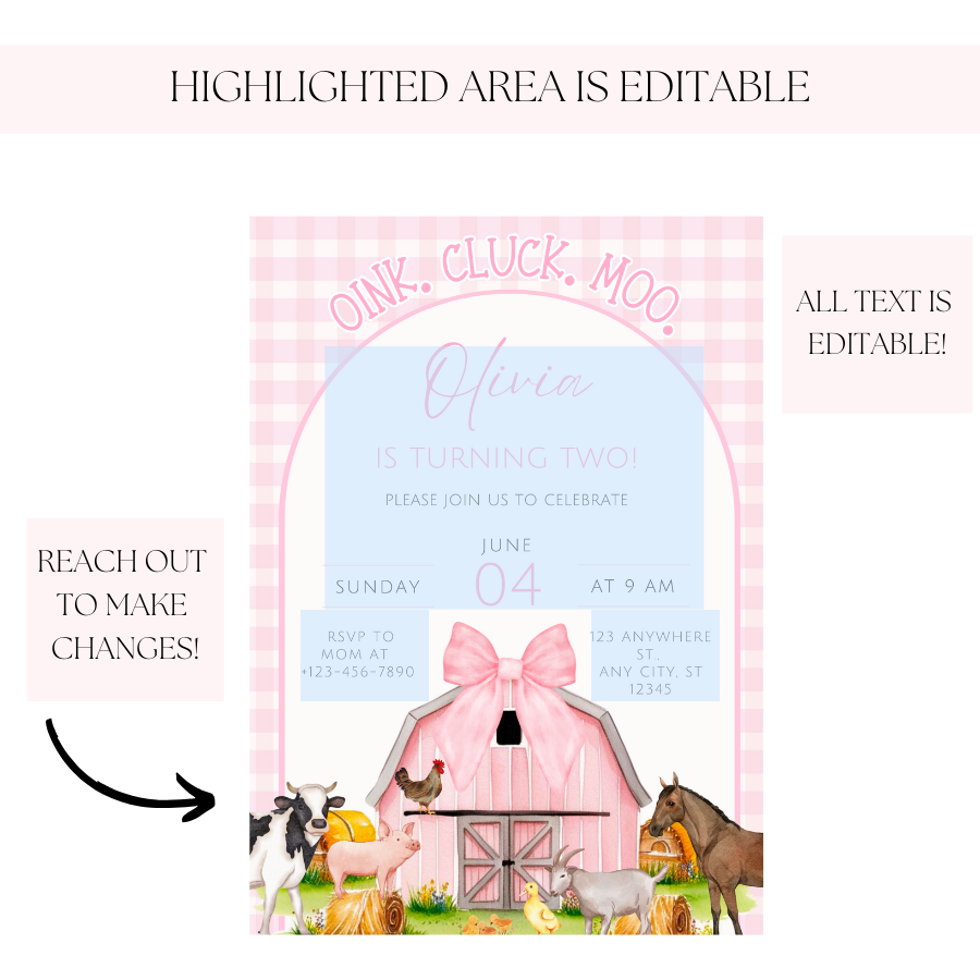 Pink Girl Farm Birthday Invitation