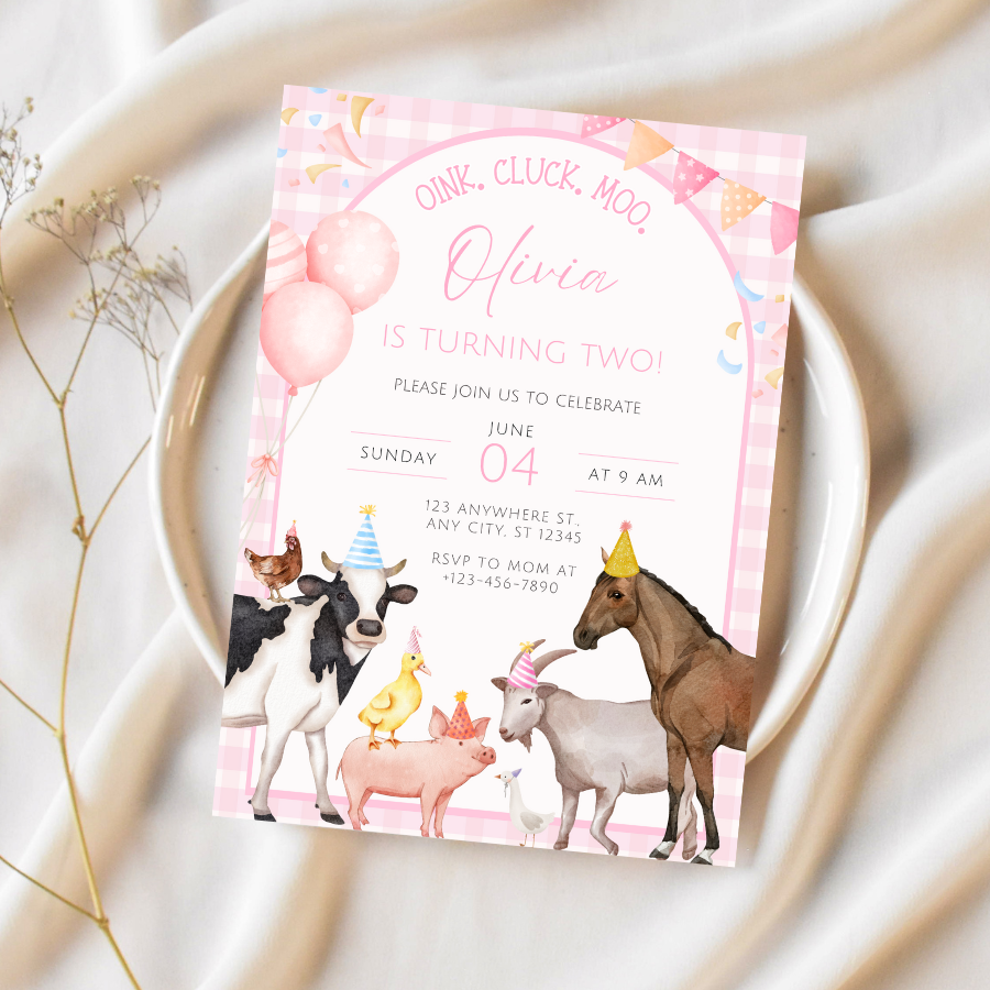Pink Girl Farm Animals Birthday Invitation