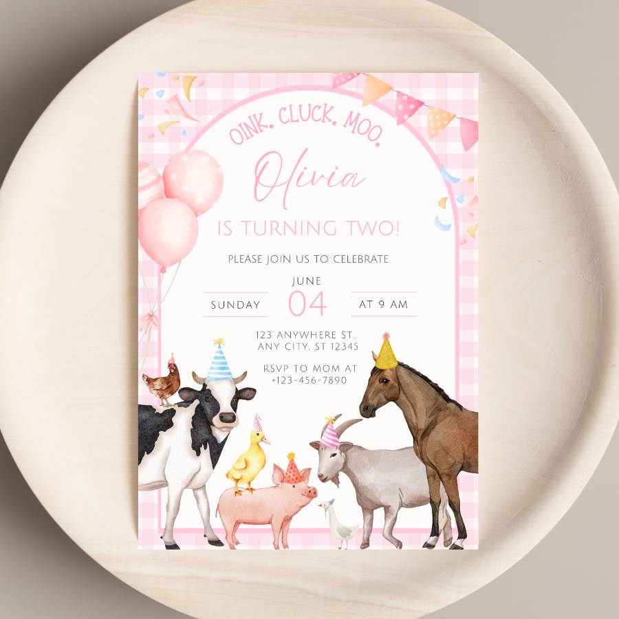 Pink Girl Farm Animals Birthday Invitation