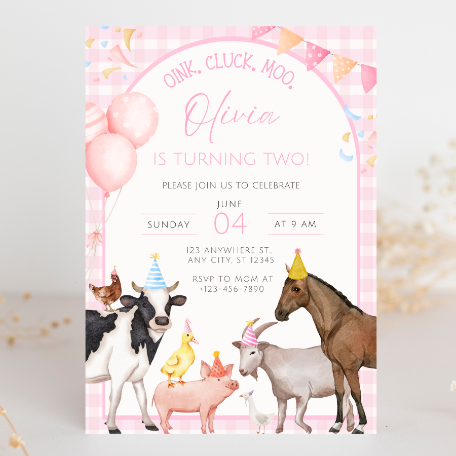 Pink Girl Farm Animals Birthday Invitation