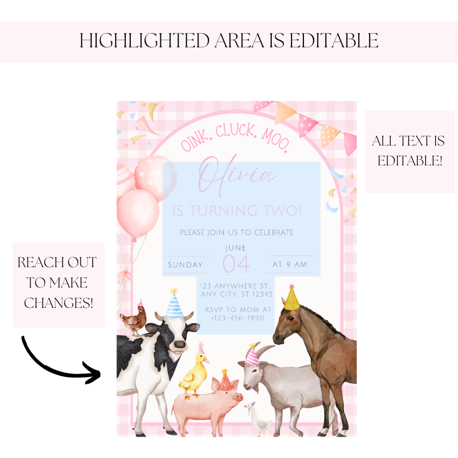 Pink Girl Farm Animals Birthday Invitation