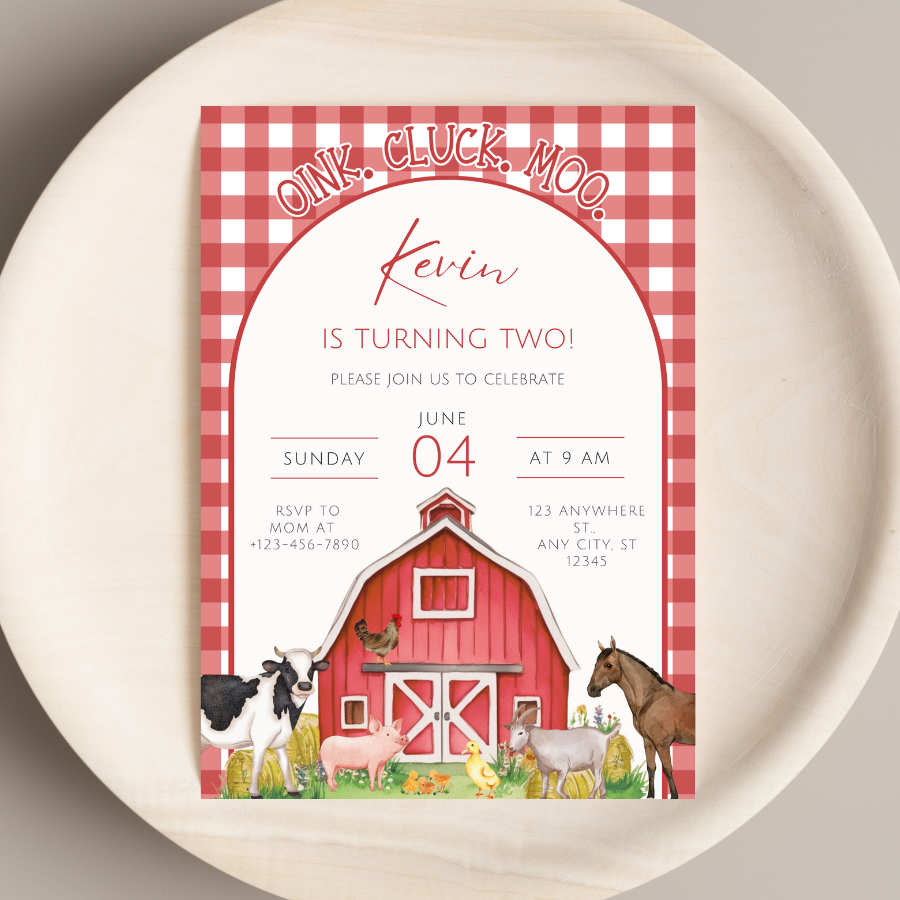 Red Farm Animals Birthday Invitation