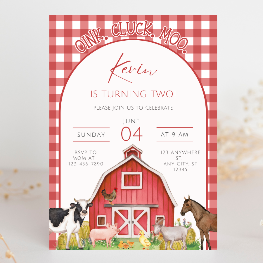 Red Farm Animals Birthday Invitation