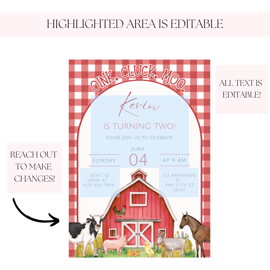 Red Farm Animals Birthday Invitation