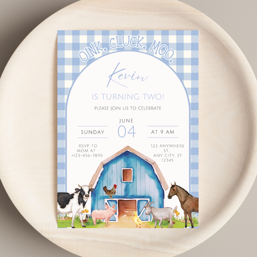 Blue Farm Animals Birthday Invitation