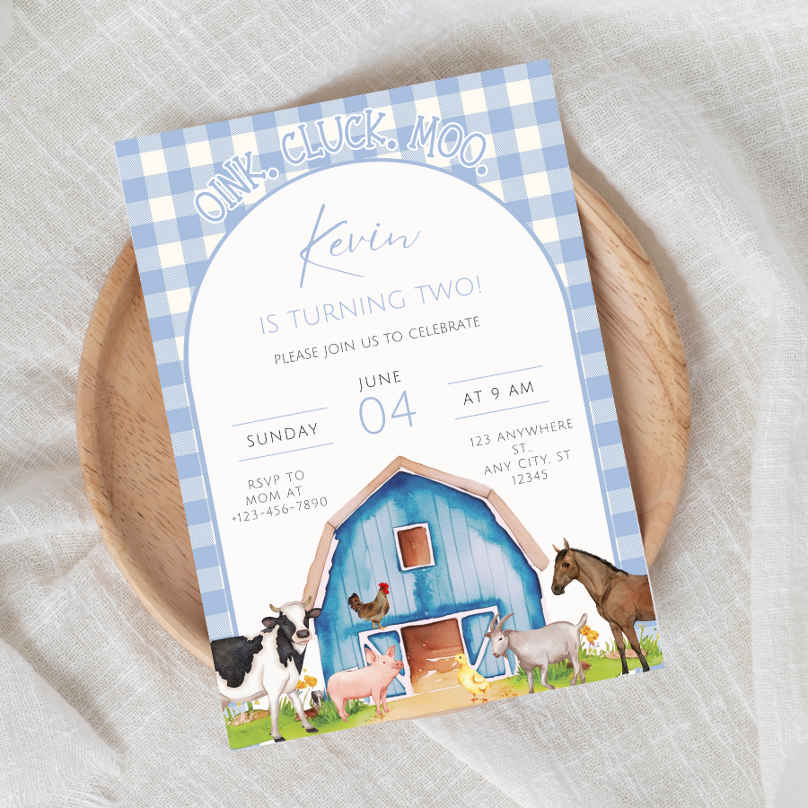Blue Farm Animals Birthday Invitation