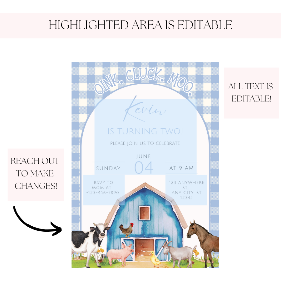 Blue Farm Animals Birthday Invitation