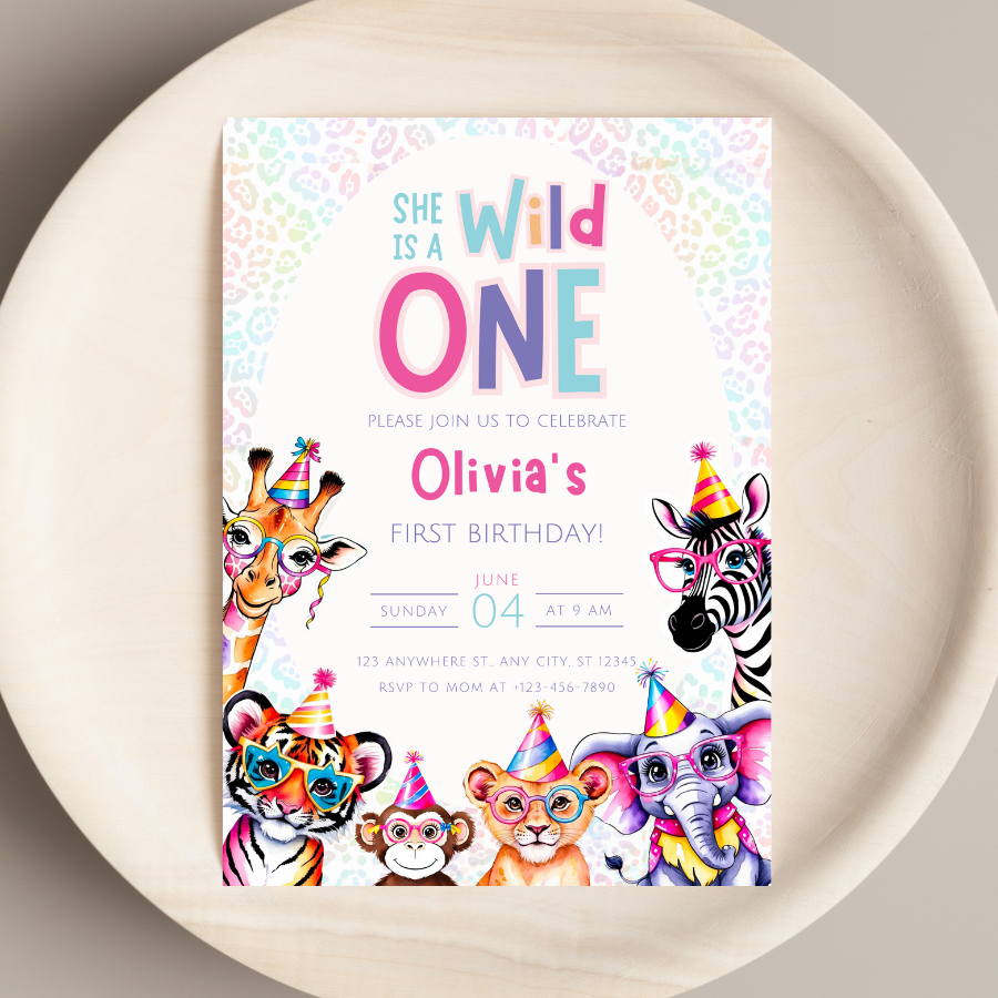Wild One Birthday Invitation Safari Animals First Birthday