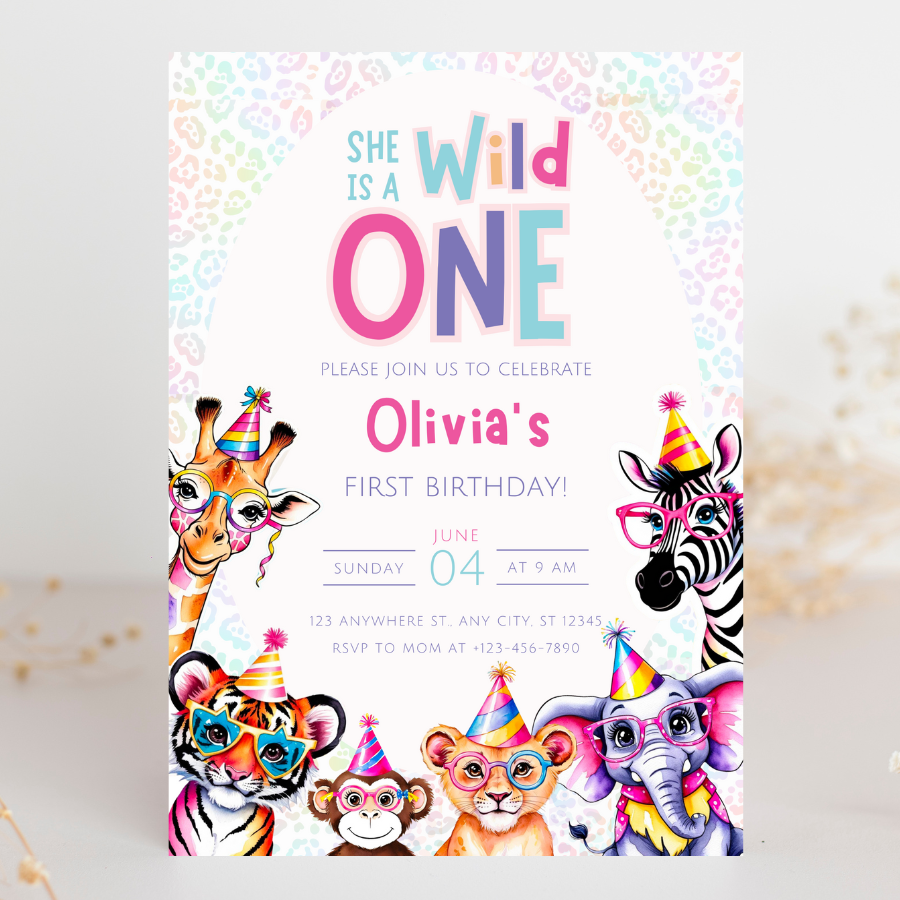 Wild One Birthday Invitation Safari Animals First Birthday