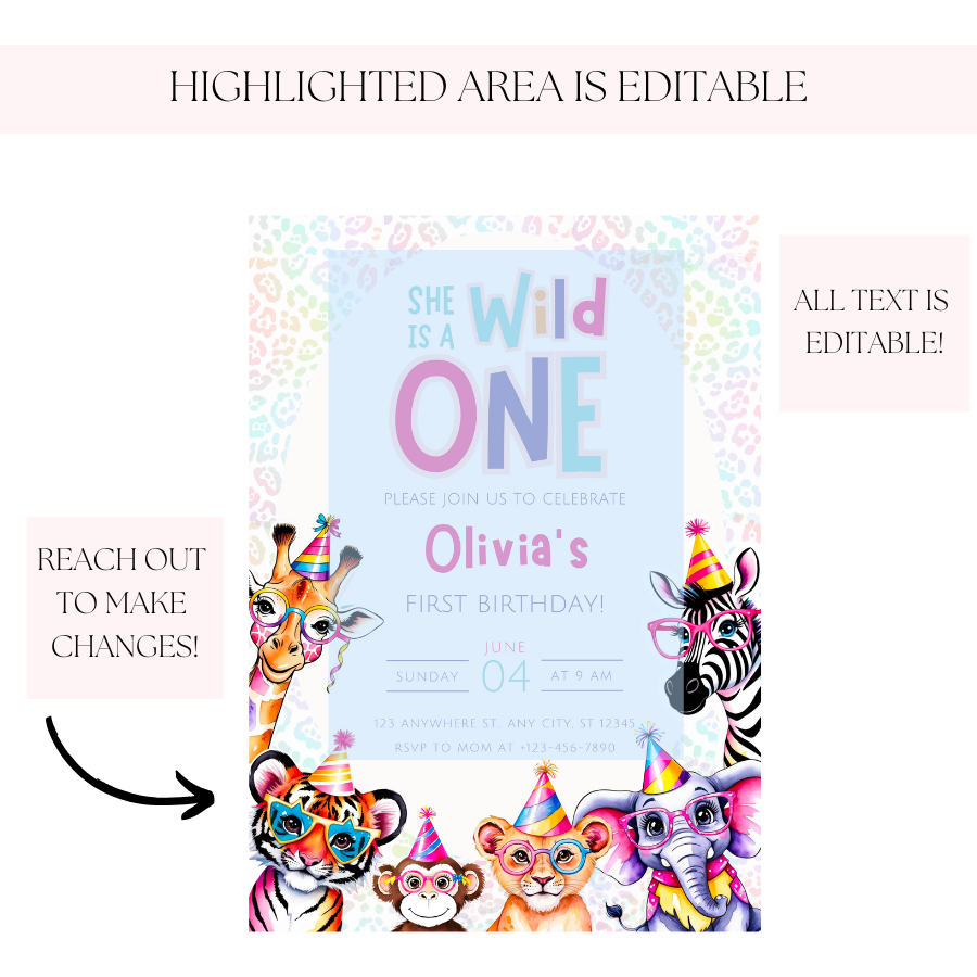 Wild One Birthday Invitation Safari Animals First Birthday