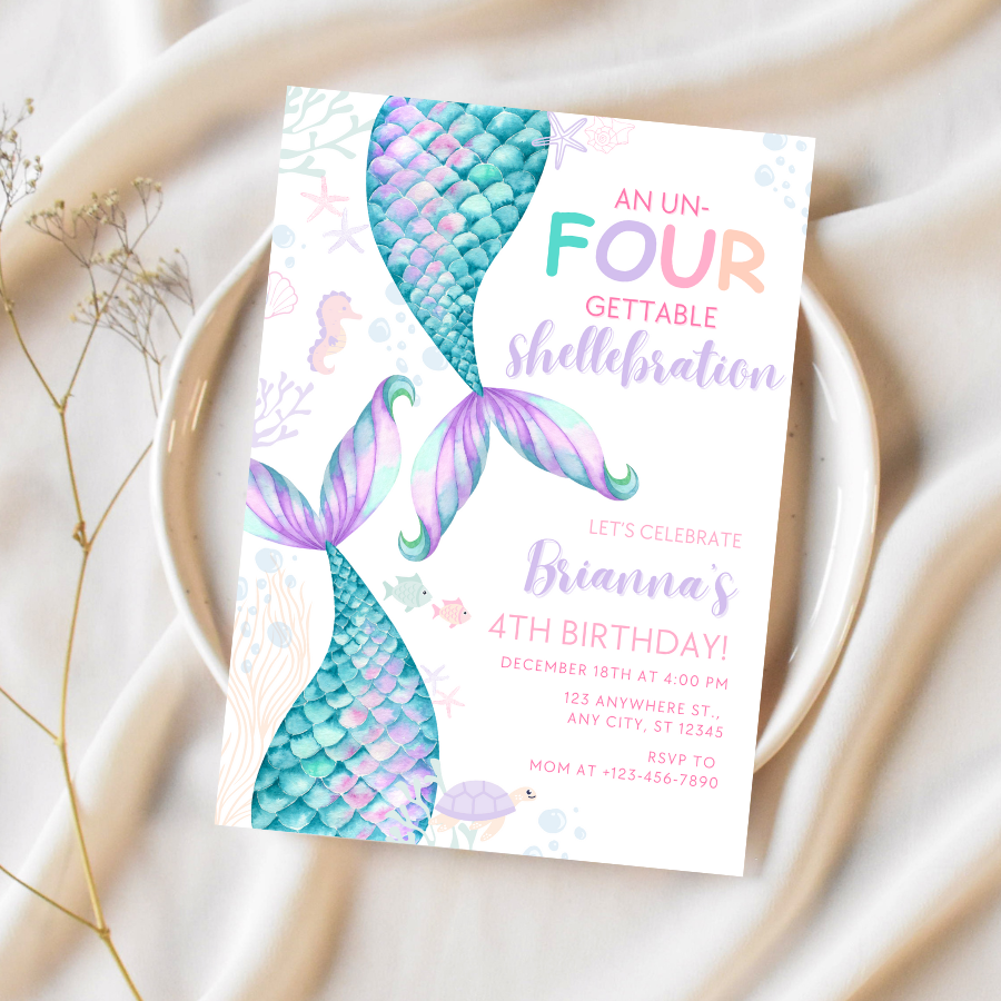 Mermaid Birthday Invitation Un-four-gettable Shellebration