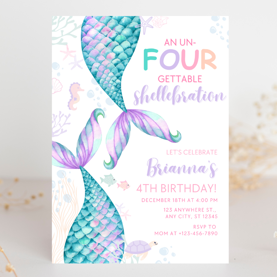 Mermaid Birthday Invitation Un-four-gettable Shellebration
