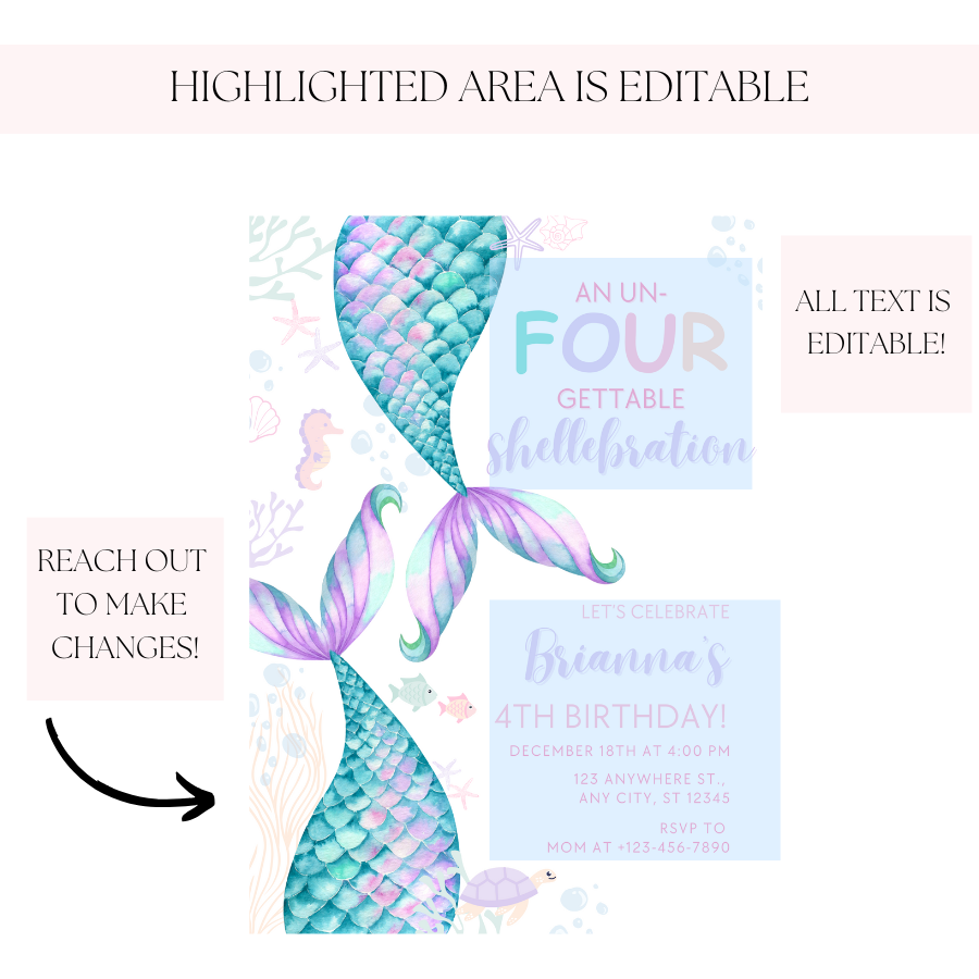 Mermaid Birthday Invitation Un-four-gettable Shellebration