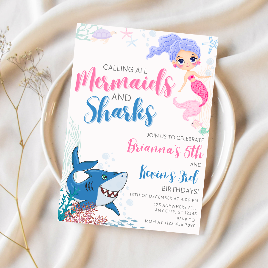 Mermaids and Sharks Birthday Invitation