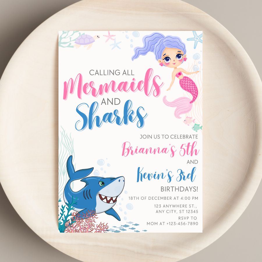 Mermaids and Sharks Birthday Invitation