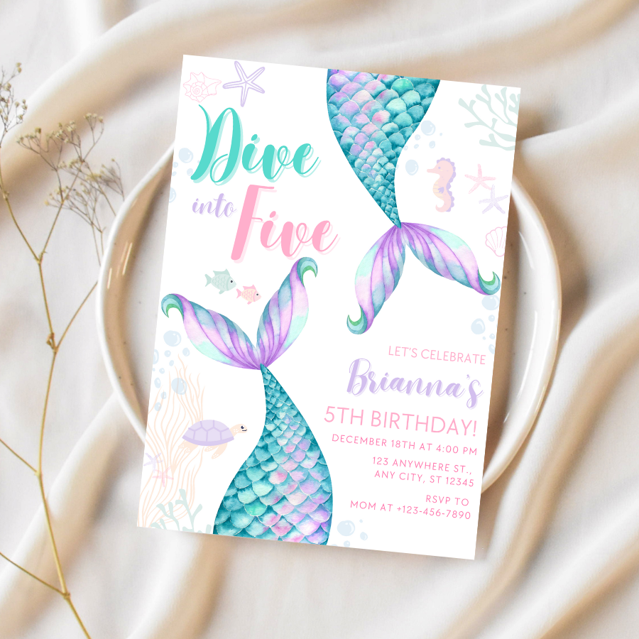 Mermaid Birthday Invitation Dive Into Five