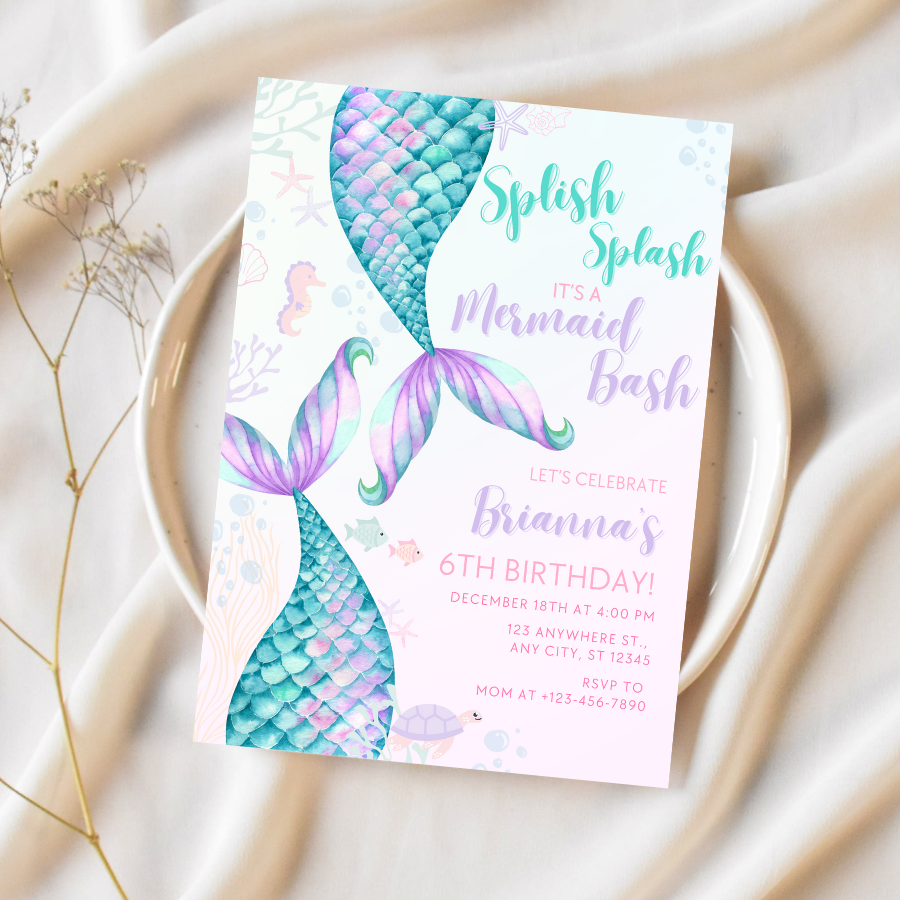 Mermaid Birthday Invitation Splish Splash it's a Birthday Bash