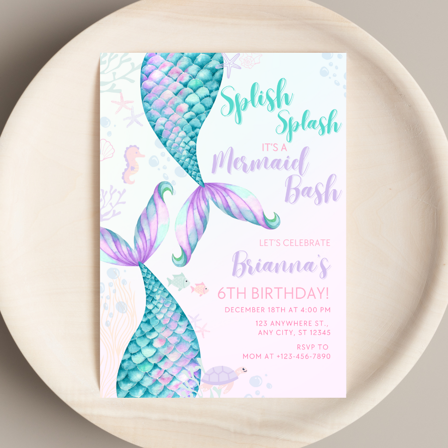 Mermaid Birthday Invitation Splish Splash it's a Birthday Bash