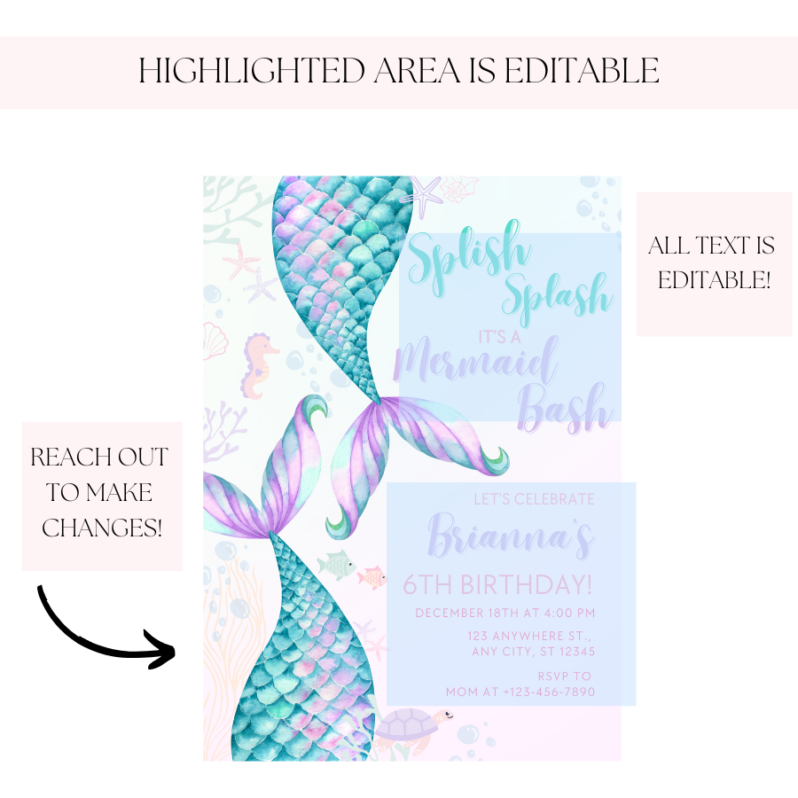 Mermaid Birthday Invitation Splish Splash it's a Birthday Bash