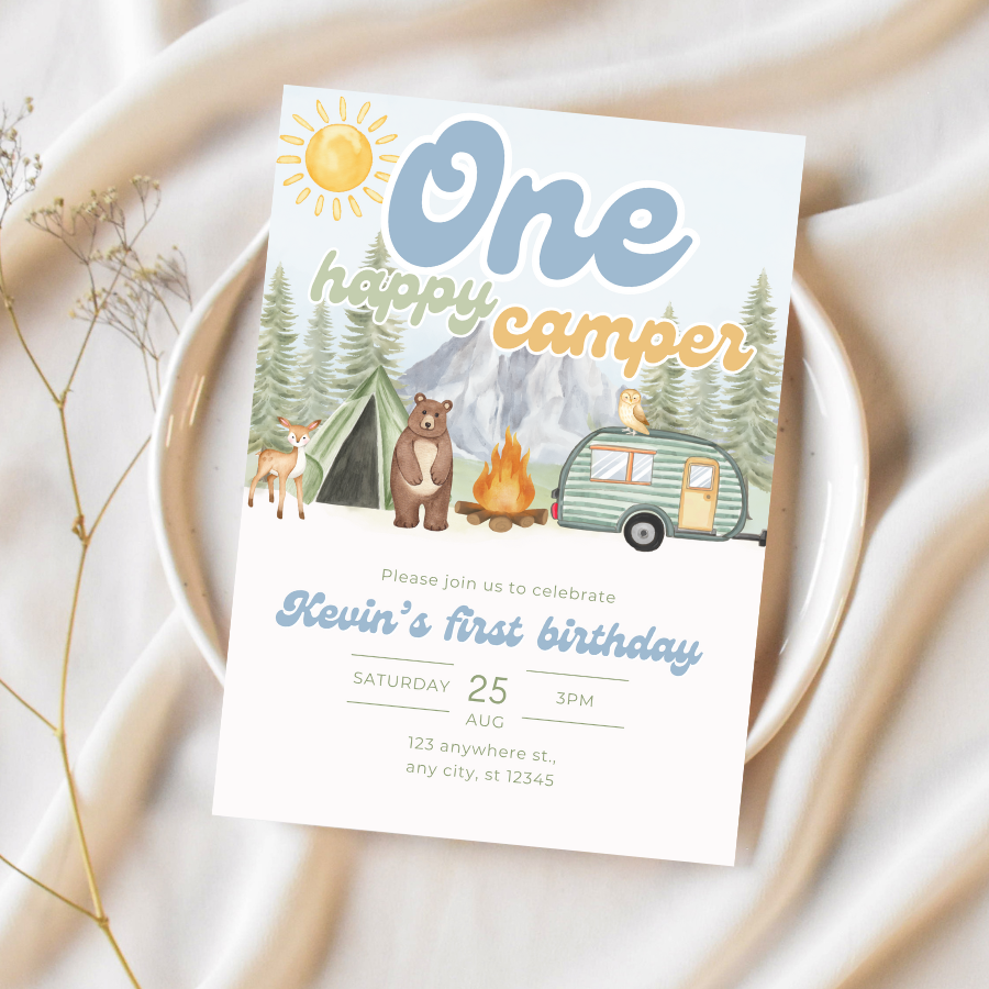 ONE Happy Camper Invitation Forest Birthday