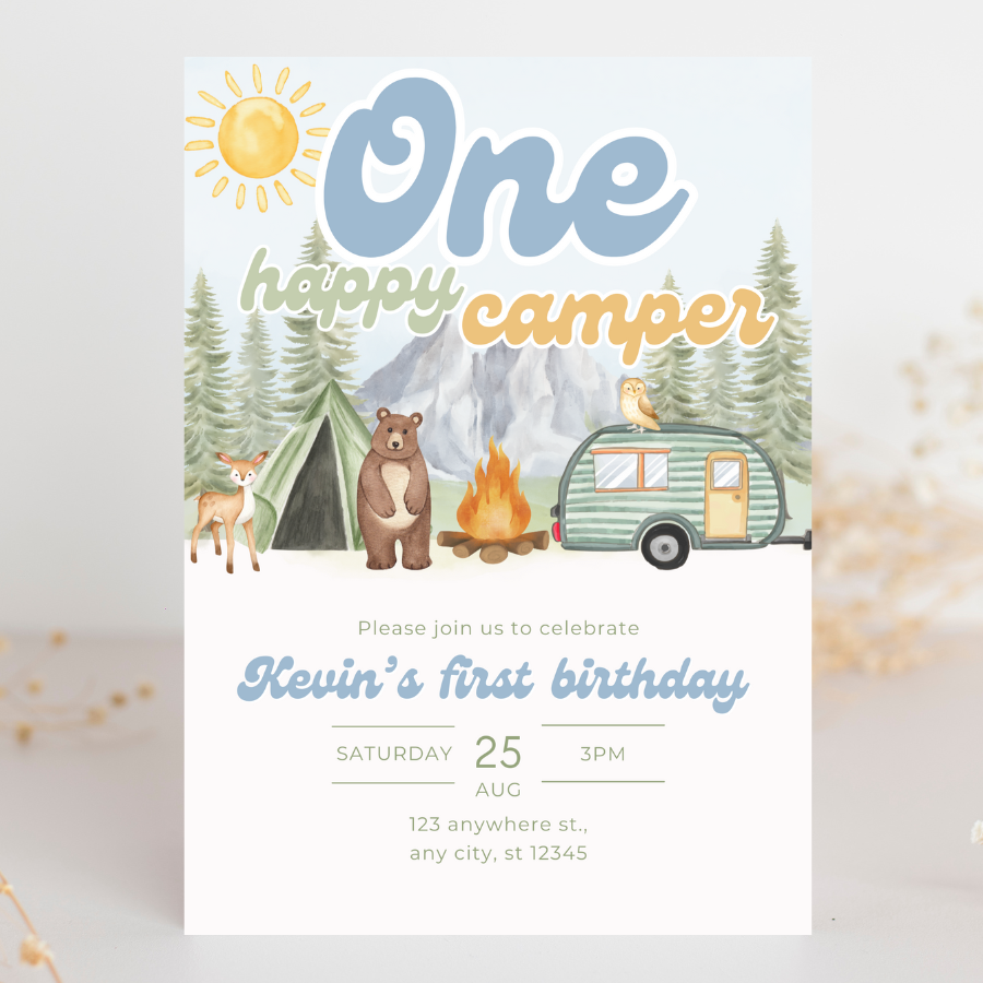 ONE Happy Camper Invitation Forest Birthday