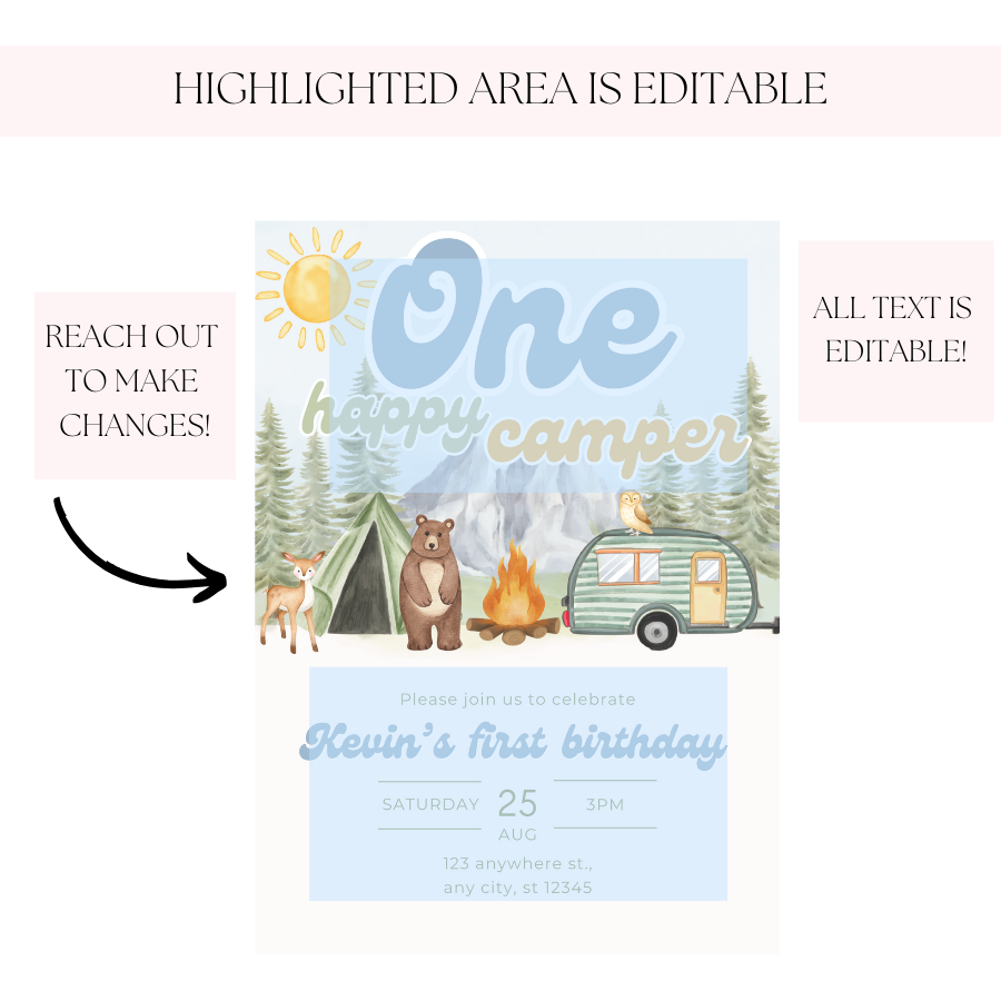 ONE Happy Camper Invitation Forest Birthday