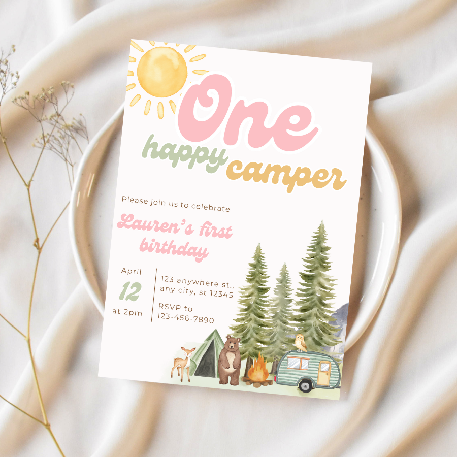 Pink ONE Happy Camper Invitation Forest Birthday