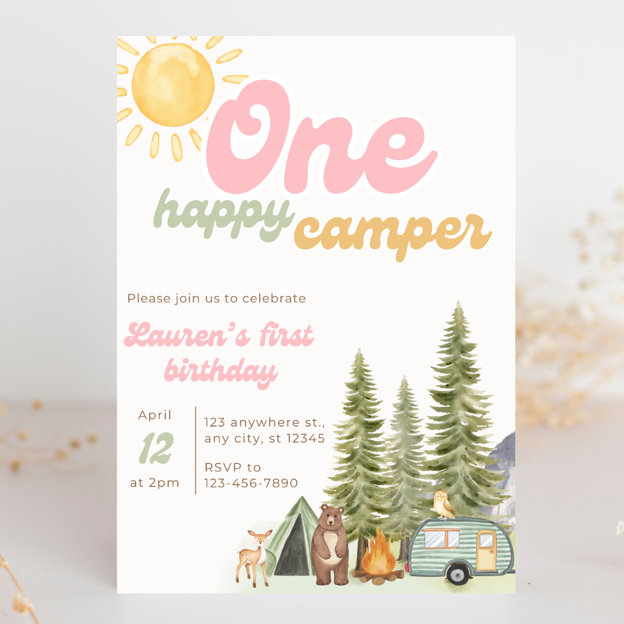 Pink ONE Happy Camper Invitation Forest Birthday