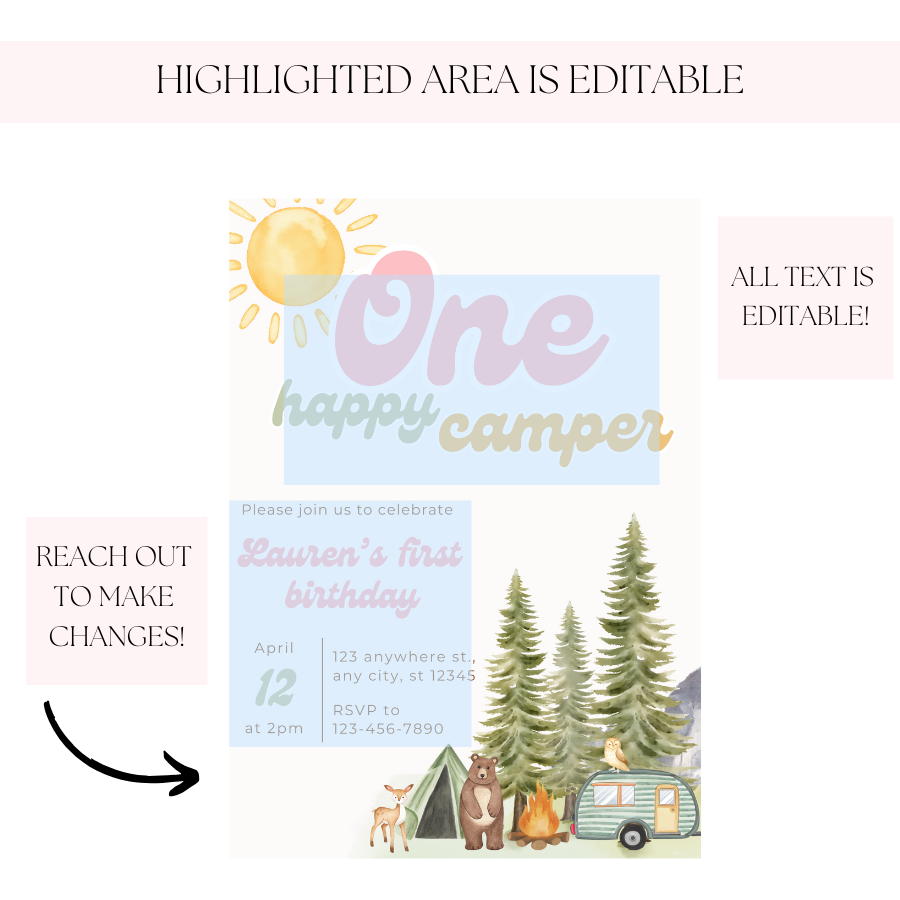 Pink ONE Happy Camper Invitation Forest Birthday