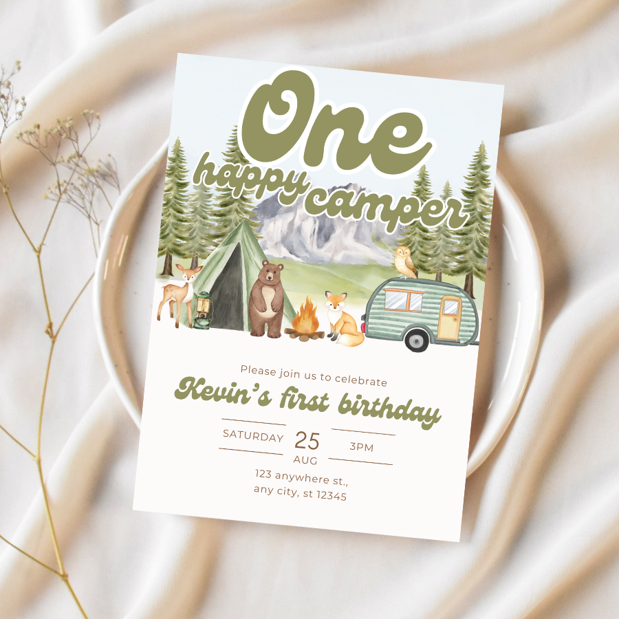 ONE Happy Camper Invitation Forest Birthday