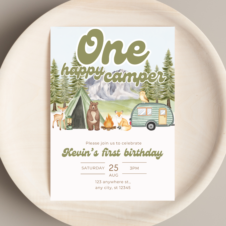 ONE Happy Camper Invitation Forest Birthday