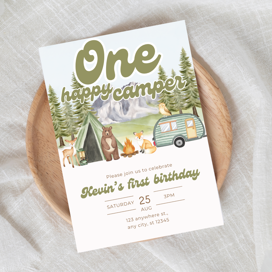 ONE Happy Camper Invitation Forest Birthday