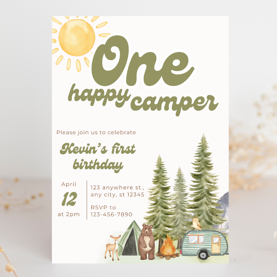 ONE Happy Camper Invitation Forest Birthday