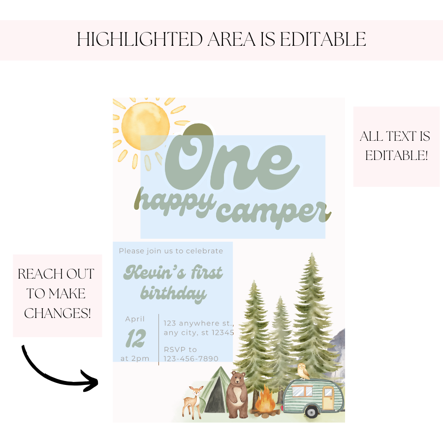 ONE Happy Camper Invitation Forest Birthday