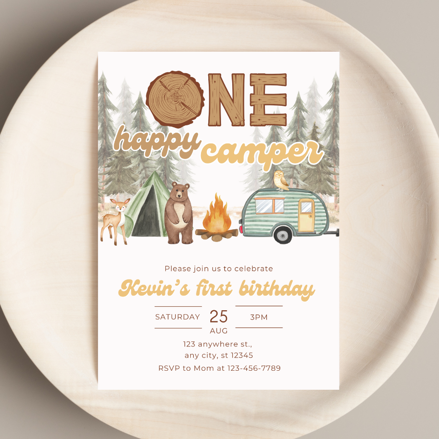 ONE Happy Camper Invitation Forest Birthday